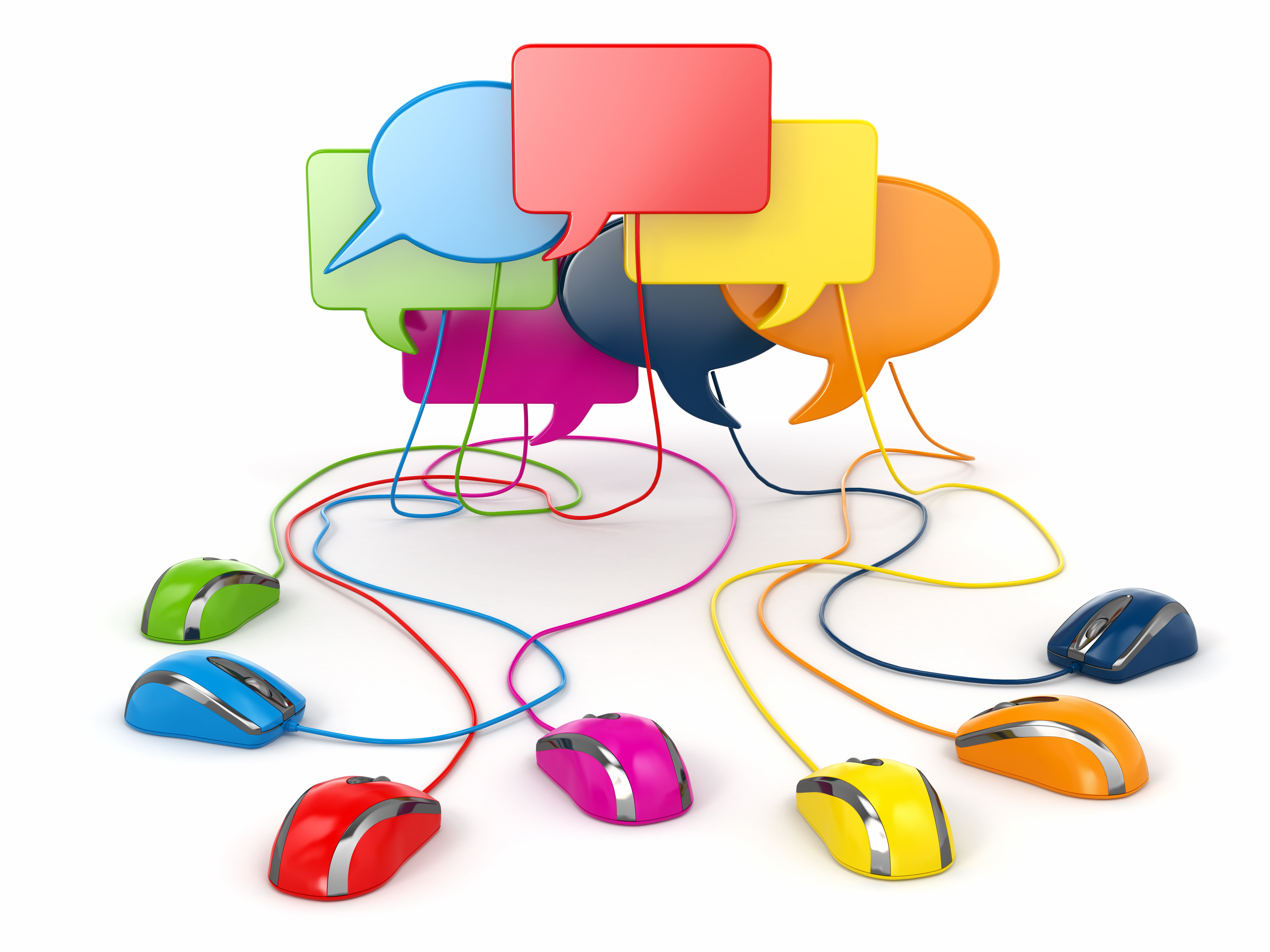 Social network concept with multiple computer mouses connected to chat bubbles